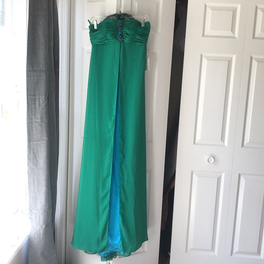 Shimmer by Bari Jay Green and Blue A-Line Gown